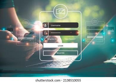 User typing login and password.Hand man use mobile phone for  log in to enter login and password.sign in page,User profile,Information privacy,Internet.photo Cyber protection and technology concept. - Shutterstock ID 2138510055