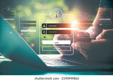 User typing login and password.Hand man use mobile phone for  log in to enter login and password.sign in page,User profile,Information privacy,Internet.photo Cyber protection and technology concept. - Shutterstock ID 2190949863