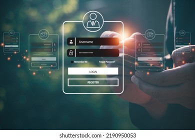 User typing login and password.Hand man use mobile phone for  log in to enter login and password.sign in page,User profile,Information privacy,Internet.photo Cyber protection and technology concept. - Shutterstock ID 2190950053