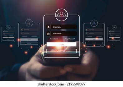 User typing login and password.Hand man use mobile phone for  log in to enter login and password.sign in page,User profile,Information privacy,Internet.photo Cyber protection and technology concept. - Shutterstock ID 2195599379