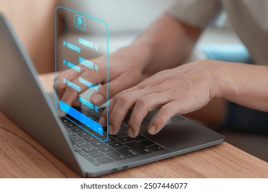 User use a laptop computer with technology smart robot AI chatbot for chat. Artificial intelligence by enter command prompt for generates something, Futuristic technology transformation