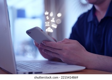 user use smartphone for connection to cloud data via internet mobile phone in cyberspace network technology concept