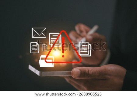 user use smartphone with triangle caution warning sign and email documents icons for notification error and maintenance concept. hacker attacks and hacking data cyber crime cyber security