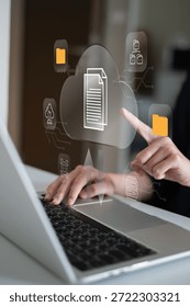 User using cloud service for upload transfer file data online digital information network server storage computer laptop, cloud data futuristic cyberspace technology concept database software global