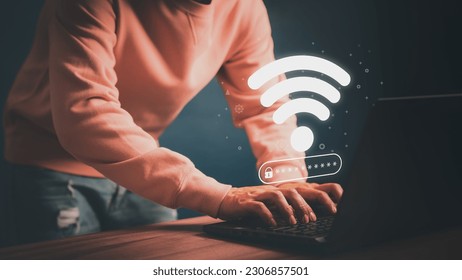 User using a computer laptop to connect to wifi but wifi not connected or password is incorrect and waiting to loading digital data form website, concept technology of waiting for connect to wifi.