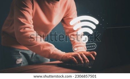 User using a computer laptop to connect to wifi but wifi not connected or password is incorrect and waiting to loading digital data form website, concept technology of waiting for connect to wifi.