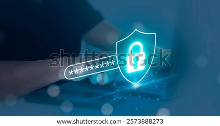 User using laptop with a digital shield icon representing cybersecurity, showcasing online security measures, password protection, data privacy. Cyber security concept.