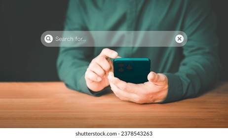 User using a smartphone clicking internet search bar accessing homepage. SEO technology networking engine optimization internet with search bar. Searching browsing internet data information concept.