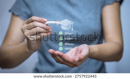 User using stylus interacting with graduation cap icon and checklist, representing online education achievement, certification process, skill development, e-learning, and academic success.