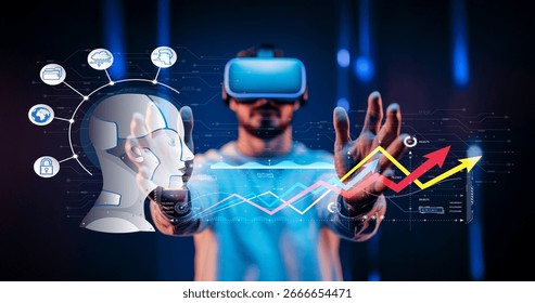A user in a virtual reality headset interacts with digital graphs and holograms, illustrating the connection between technology and data in a modern setting.
