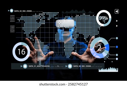 A user wearing virtual reality gear engages with a vibrant digital interface showcasing a global map, data metrics, and interactive elements, illustrating immersive technology. - Powered by Shutterstock - Get 15% off with code: PIKWIZARD15