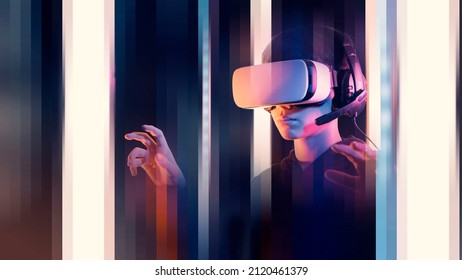 User wearing a VR headset and interacting with virtual reality, metaverse and digital worlds concept