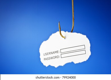 'Username and password' on a fishing hook. Conceptual image about the risk of internet identity theft, also known as 'Phishing'.