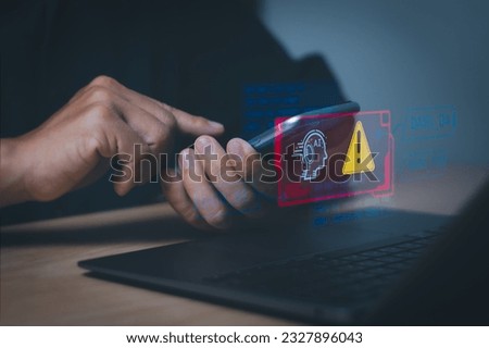 Users display warnings about the use of artificial intelligence (AI), access to malicious software or threats to online hackers. computer cyber security Warning concept or tech scam.