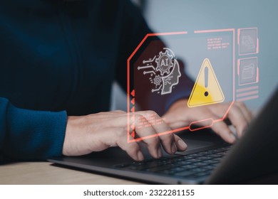 Users show alert about using smart technology(Ai) with a virtual screen on computer. Access to malicious software or online hacker threats. concept cyber security and Tech warning or scam.