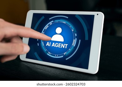 Using AI agent to do repetitive tasks at work. Man touching Artificial Intelligence software app on tablet.