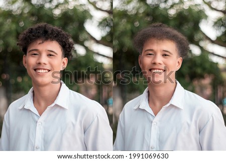 Using AI to artificially age a young man's face to an older version. Artificial Intelligence technology. Before and after comparison.