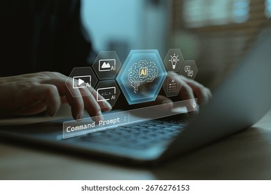 Using AI tools for content creation, multimedia production, and coding workflow, showing hands typing on laptop with icons of artificial intelligence, creative assets, and digital automation.