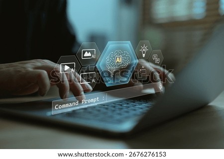Using AI tools for content creation, multimedia production, and coding workflow, showing hands typing on laptop with icons of artificial intelligence, creative assets, and digital automation.