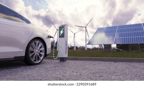 Using of charge station, solar panel and windmill background. Sustainability assessment, renewable energy concept. Electric vehicle using sustainable source, wind generator. Saving, climate change. - Shutterstock ID 2290391689