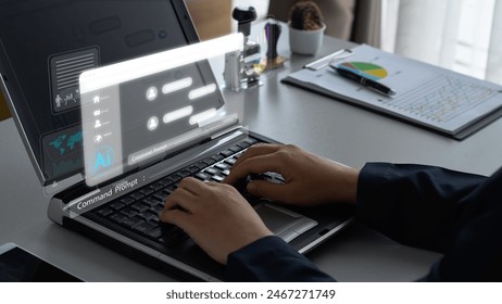 Using the computer, the businessman showcases the integration of AI in chatbots for enhanced user experience and communication technology solutions.