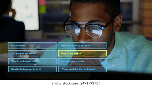 Using computer, man interacting with artificial intelligence interface for assistance. Technology, innovation, AI, interaction, digital, futuristic