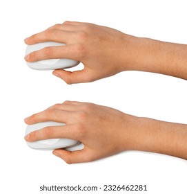 Using Computer Mouse Closeup, Click Concept, Wireless Technology, Hand on Computer Mouse on White Background