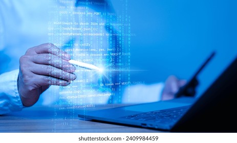 Using encode technology for business and office, encode computer and laptop with digital network security and innovation, technology website, internet and web for future, encode person photography. background technology
