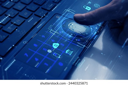 Using fingerprint indentification to personal data access. Biometrics security, E-kyc, innovation technology concept.