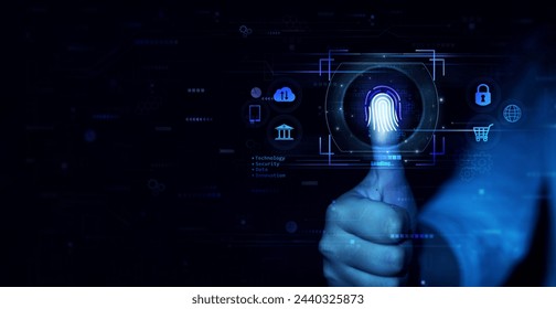 Using fingerprint indentification to personal data access. Biometrics security, E-kyc, innovation technology concept.