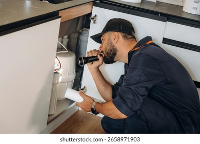Using flashlight. Plumber working in the kitchen under the sink.