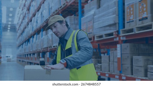 Using handheld scanner warehouse worker scanning label on pallet of boxes at distribution center. Logistics, fulfillment, inventory, industrial, efficiency, supply chain, organizational