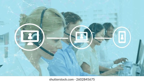 Using headsets and computers, customer service team focusing on digital communication. Call center, support, teamwork, technology, consulting, corporate