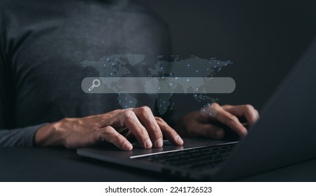 Using laptop or computer online for data and information searching via internet. Search engine optimization database technology network. Globalization business knowledge base education and learning