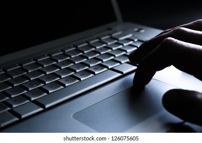 Using Laptop Finger On Touchpad Blue Stock Photo 126075605 