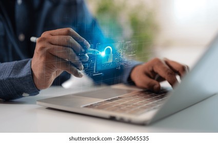 Using laptop, secure access to user personal information, information security encryption, cybersecurity, secure Internet access. Cyber security internet network data privacy concepts