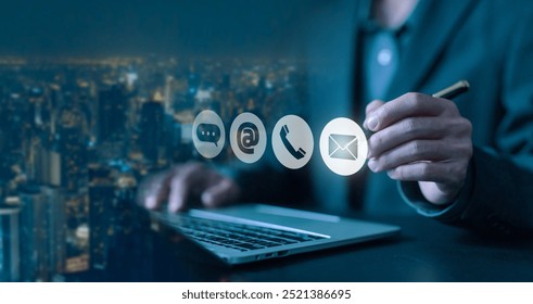 using the laptop to show the icon ( address, phone, email, call ) to contact customer support. help from mail websites digital technology of business contact service. contact us concept. - Powered by Shutterstock