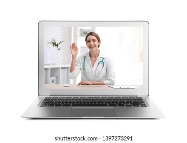 Using Laptop For Video Chat With Doctor On White Background. Online Consultation