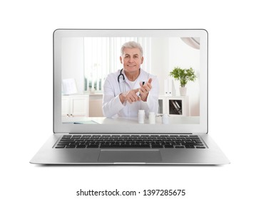 Using Laptop For Video Chat With Doctor On White Background. Online Consultation