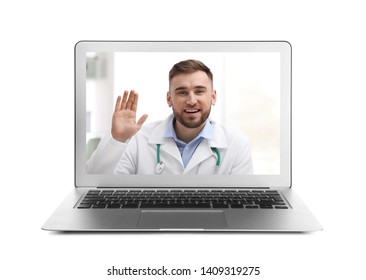 Using Laptop For Video Chat With Doctor On White Background. Online Consultation