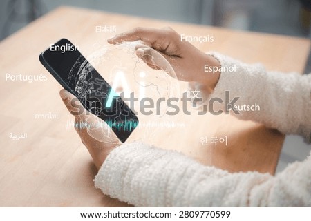 Using mobile phone smartphone technology online, woman translates foreign languages with real time artificial intelligence, touching glowing virtual hologram globe with voice sound waves.