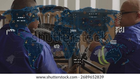 Using mounting arm technicians in blue coats tightening rack in workshop, holographic map overlay. Technicians, network infrastructure, electronic systems, data visualization, cybersecurity