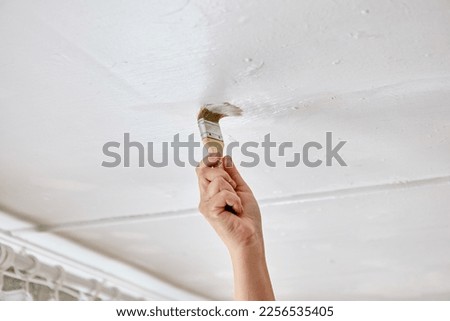 Using paintbrush to touch up ceiling with white paint, house painter paints surface.