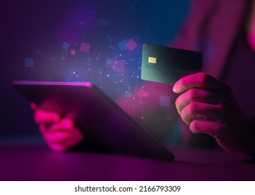 Using a password for mobile cybersecurity or a password to confirm login in the online banking application. Cyber security threats. Tablet pc and credit card.