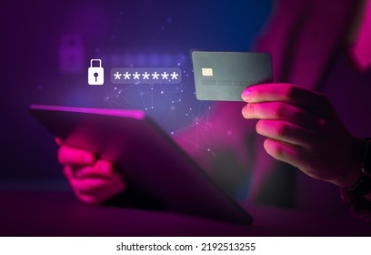 Using a password for mobile cybersecurity or a password to confirm login in the online banking application. Cyber security threats. Tablet pc and credit card. - Shutterstock ID 2192513255