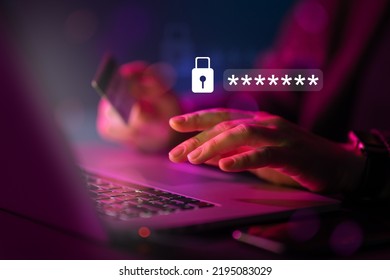 Using a password for mobile cybersecurity or a password to confirm login in the online banking application. Cyber security threats. Laptop pc and credit card. - Shutterstock ID 2195083029
