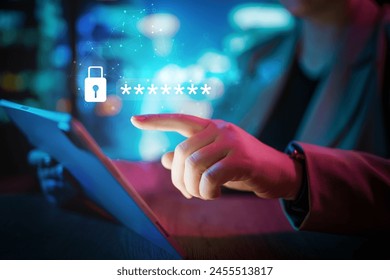 Using a password for mobile cybersecurity or a password to confirm login in the online banking application. Cyber security threats. Laptop pc and credit card.