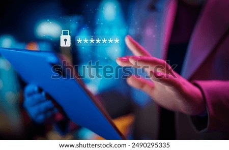 Using a password for mobile cybersecurity or a password to confirm login in the online banking application. Cyber security threats. Laptop pc and credit card.