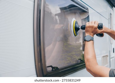Using Polishing Machine to Restore Shine on RV Vehicle Window Surface for Enhanced Appearance