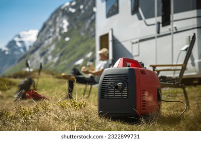 Using Portable Gasoline Inverted Generator While Dry Camping in a Camper Van.  - Shutterstock ID 2322899731